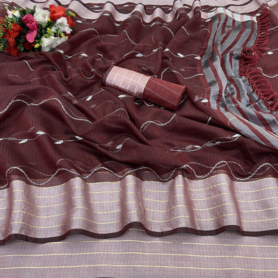 Vikash fab Embroidered Chettinadu Linen Saree(Maroon)
