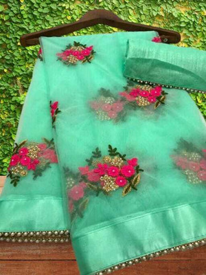 NiKHATFASHION Embroidered Bollywood Net Saree(Multicolor)
