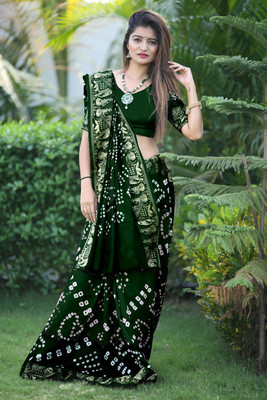 jeravi Printed Bandhani Art Silk Saree(Green)