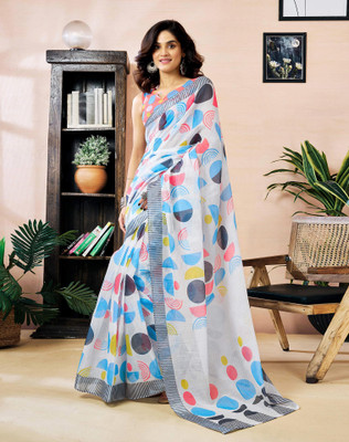 Tasrika Floral Print, Geometric Print, Printed Daily Wear Chanderi, Cotton Linen Saree(White)
