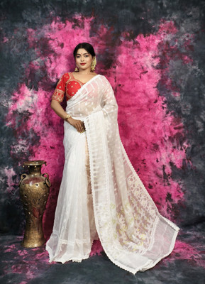 KUTTUS CREATIONS Woven, Embroidered Jamdani Cotton Blend Saree(White)