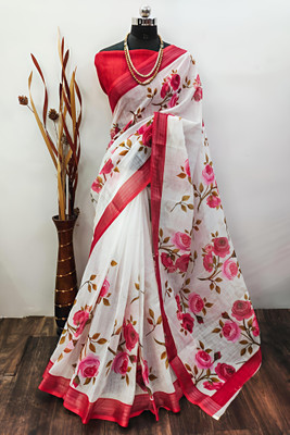 VCREATION Digital Print Bollywood Cotton Linen Saree(White, Red)
