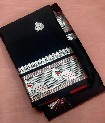 MQTRADERS Self Design Assam Silk Cotton Silk Saree(Black)