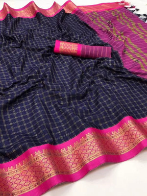 yourwish Woven, Checkered, Embellished, Self Design Daily Wear Jacquard, Cotton Silk Saree(Dark Blue)