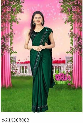 WOSTON Solid/Plain Bollywood Lycra Blend Saree(Green)