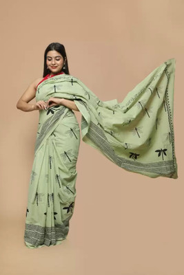 Sanganeri Print Blocked Printed, Color Block, Dyed, Floral Print, Printed Daily Wear Pure Cotton Saree(Green)