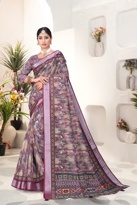 Mugdarra Geometric Print Daily Wear Linen Saree(Multicolor)