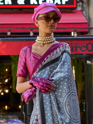 Sareemall Printed Bollywood Satin Saree(Grey)