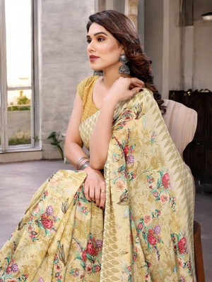 NIRMOHIFASHION Floral Print Bollywood Georgette Saree(Yellow)