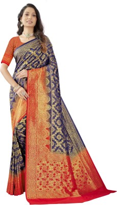 Silk Mart Dyed Banarasi Silk Blend, Art Silk Saree(Dark Blue, Orange)