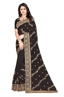 SAREEFLAME Embroidered, Embellished, Self Design, Temple Border, Hand Painted, Solid/Plain, Woven Bollywood Pure Silk, Silk Blend Saree(Black)