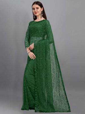 Anugrah Textile Solid/Plain Banarasi Lycra Blend, Chiffon Saree(Green)