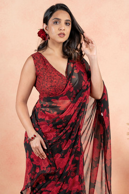 MIRCHI FASHION Printed, Floral Print Bollywood Georgette Saree(Black, Red)