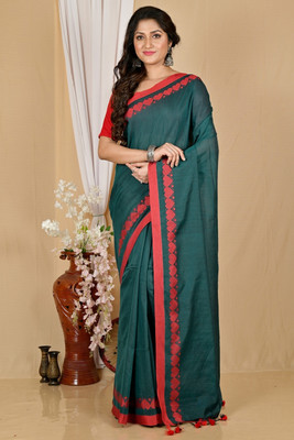 eC ESHA'S COLLECTION Solid/Plain Handloom Cotton Blend Saree(Dark Green, Red)