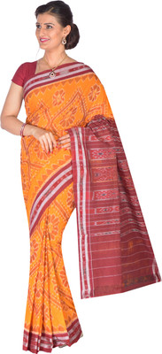 handloom paridhaan Hand Painted, Self Design Handloom Pure Cotton Saree(Gold, Maroon)