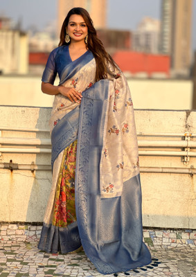 Nayanthara Trends Digital Print Kalamkari Cotton Silk Saree(Blue)