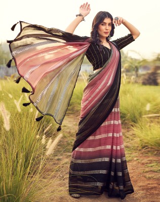 Siril Embroidered, Woven, Striped, Ombre Bollywood Georgette Saree(Black, Pink, Green)