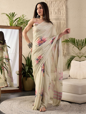 Sareemall Printed Hand Batik Georgette Saree(Beige)