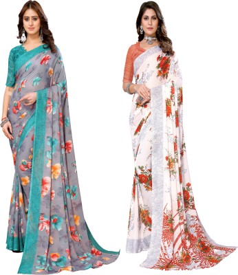 ANIRAV Printed Daily Wear Georgette Saree(Pack of 2, Blue, Orange)