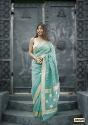 MIRMAN Woven Kanjivaram Pure Cotton Saree(Light Blue)