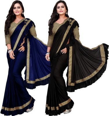 DECOFIN Woven, Solid/Plain Bollywood Lycra Blend Saree(Pack of 2, Blue, Black)