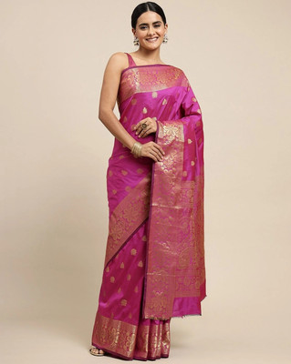 Omsaiarts Woven Kasavu Silk Blend Saree(Pink)