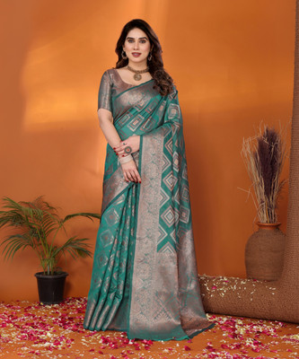 VILLAGIUS Woven Ikkat Organza Saree(Dark Green)