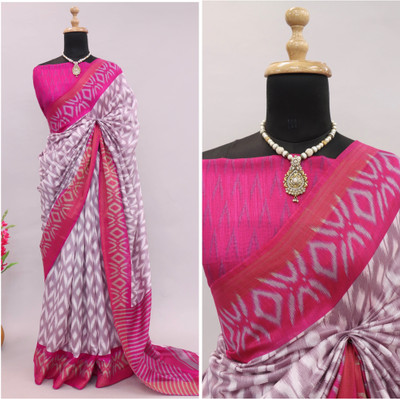 Kjs Geometric Print Ikkat Cotton Silk Saree(Multicolor)
