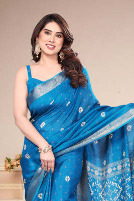 BilloRani Printed Bandhani Silk Blend Saree(Blue)