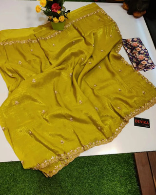 BELLETRENDZ Embroidered Bollywood Jimmy choo Saree(Yellow)