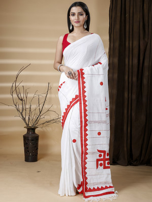 SRILOK Printed Handloom Pure Cotton Saree(White)