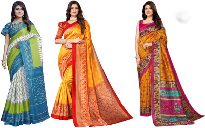 YASHIKA Printed, Woven Kalamkari Art Silk Saree(Pack of 3, White, Blue, Yellow)