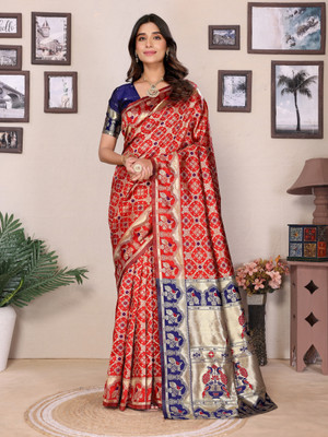 RASVRITI Woven Kanjivaram Pure Silk, Art Silk Saree(Red, Blue)