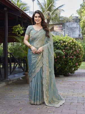 Tasrika Solid/Plain Bollywood Jimmy choo Saree(Light Blue)