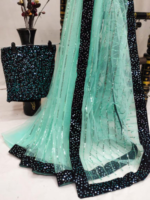 JPBANNA Embellished Bollywood Net Saree(Light Blue)