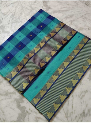 Anita Checkered, Woven, Self Design Tant Pure Cotton Saree(Blue)