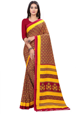 Dori Printed Daily Wear Crepe, Silk Blend Saree(Maroon)