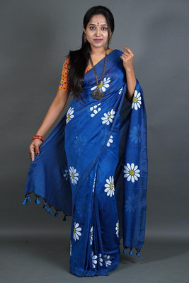 cloud vastra Printed Handloom Pure Cotton Saree(Light Blue)