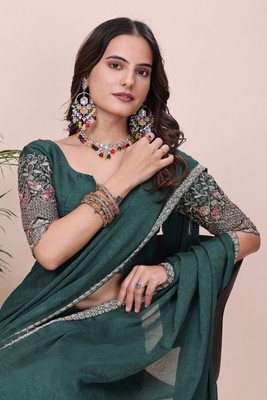 K 5 FASHION Self Design, Embroidered Bollywood Chiffon Saree(Green)