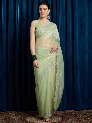 Sareemall Embroidered Bollywood Net Saree(Light Green)