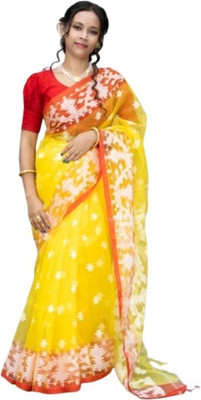 ANU INDIAN FASHION Woven Jamdani Cotton Blend Saree(Yellow)