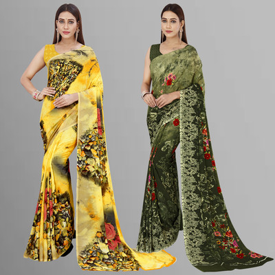 kashvi sarees Ombre, Floral Print Daily Wear Georgette Saree(Pack of 2, Yellow, Multicolor)