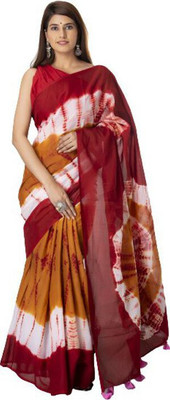 Tropwear Printed, Self Design, Digital Print, Hand Painted, Blocked Printed Ikkat Pure Cotton Saree(Maroon, Yellow)
