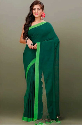 Pal Saree Senter Solid/Plain Bollywood Khadi, Pure Cotton Saree(Dark Green, Light Green)