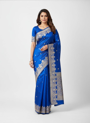 Neelima fasion Woven, Floral Print, Self Design, Temple Border Bollywood Cotton Silk Saree(Blue)