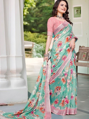 ANOUK Printed Daily Wear Linen Saree(Pink)