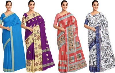 PRIDE SALES Solid/Plain Saree with Attached Blouse Raw Silk Saree(Blue, Purple, White)