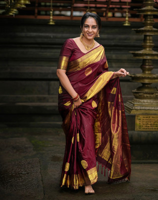 SIRIL Embroidered Kanjivaram Jacquard, Silk Blend Saree(Maroon, Gold)