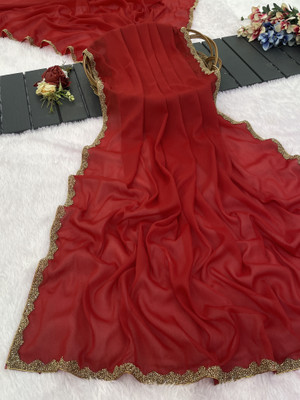 KanjiQueen Solid/Plain, Embellished Daily Wear Pure Silk, Georgette Saree(Red)