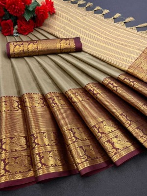 KRENIW Woven Dharmavaram Jacquard, Cotton Silk Saree(Beige)